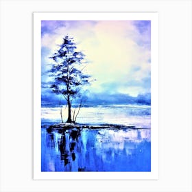 Lone Tree - White And Blue Landscape Art Print