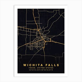 Wichita Falls Texas Usa Black And Gold Map Art Print