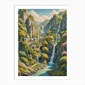 Fantasy Waterfall Village 1 Art Print