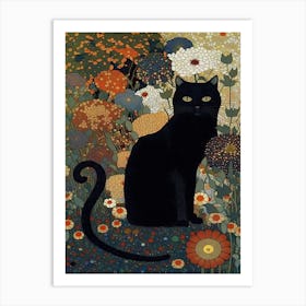 Gustav Klimt Garden, Black Cat With Flowers Meadow Botanical Art Print