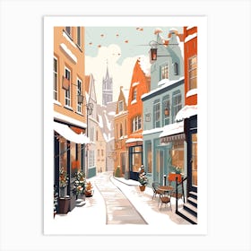 Vintage Winter Travel Illustration Bruges Belgium 3 Art Print