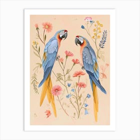 Folksy Floral Animal Drawing Macaw Art Print