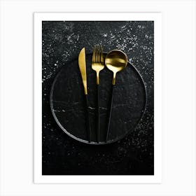 Cutlery and black plate — Food kitchen poster/blackboard, photo art Art Print