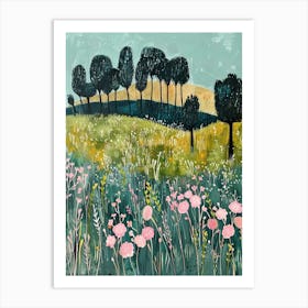 Pink Flowers In The Meadow 1 Art Print