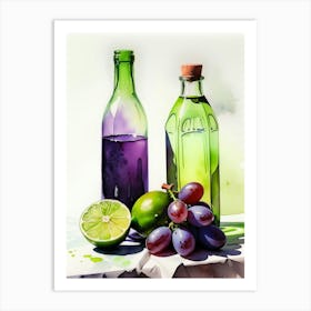 Lime and Grape near a bottle watercolor painting 8 Art Print