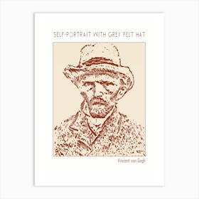 Line Art Minimalist – Self Portrait With Grey Felt Hat – Vincent Van Gogh – Classic Painting 1 Art Print