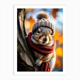 Close Up Squirrel Adorned With A Knitted Hat And Scarf Perched On A Gnarled Tree Branch Winter Ba Art Print