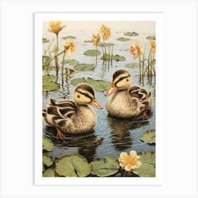 Ducklings With The Water Lilies Japanese Woodblock Style  5 Art Print