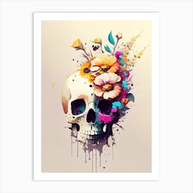 Skull With Splatter 2 Effects Vintage Floral Art Print