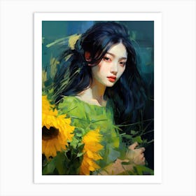 Asian Girl With Sunflowers Art Print