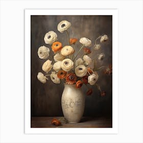 Ranunculus, Autumn Fall Flowers Sitting In A White Vase, Farmhouse Style 4 Art Print