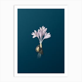 Vintage Autumn Crocus Botanical Art on Teal Blue n.0835 Art Print