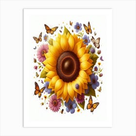 Sunflower With Butterflies 2 Art Print