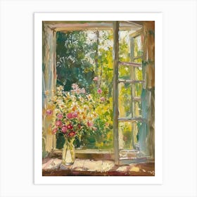 Forget Me Not Flowers On A Cottage Window 1 Art Print