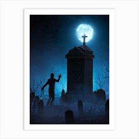 A Zombie Hand Breaking Through The Earth In A Dark Cemetery Fear Palpable In The Scarey Silhouette (5) Art Print