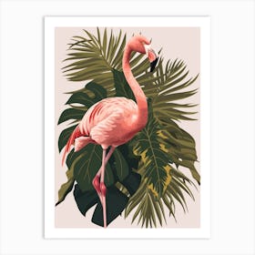 American Flamingo And Alocasia Elephant Ear Minimalist Illustration 1 Art Print