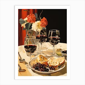 Atutumn Dinner Table With Cheese, Wine And Flowers, Painting Art Print