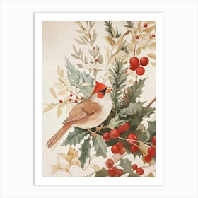 Cardinal Bird On Holly Plants Art Print