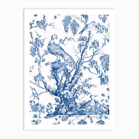 Birds and Flowers Blue Vintage 19th Century Pattern Art Print
