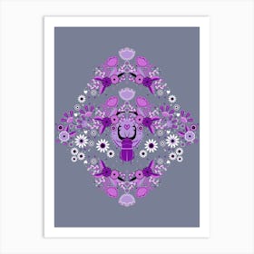 Rhinoceros Beetle, Dark Purple Version On Gray Background Art Print