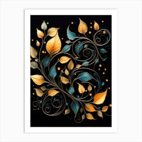 Golden Leaves On Black Background Art Print