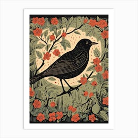 Vintage Bird Linocut Blackbird 1 Art Print