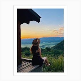 Woman Exuding A Sense Of Freedom While Sitting On A Wooden Porch Overlooking A Vast Hill And Sky Th (4) Art Print