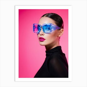 Portrait Of A Model With Blue Eyes Donning Pink Glasses And Pink Lips Set Against A Pink Background Art Print