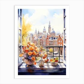 Window View Of Amsterdam Netherlands In Autumn Fall, Watercolour 1 Art Print