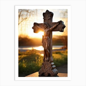 An Intricately Carved Wooden Cross Representing Faith Its Silhouette Beautifully Etched Against Thi (4) 1 Art Print