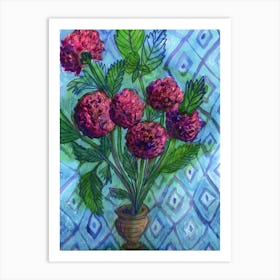 Purple Pot Of Dahlias Art Print