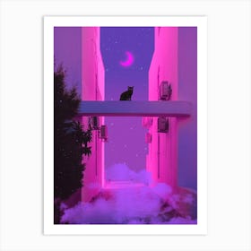 Black Cat And Pink Moon Art Print