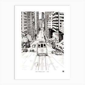 San Francisco Cable Car Cityscape Wall Art - Black Fine Line Illustration - California Art Poster Art Print