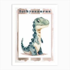 Cute Cartoon Icthyosaurus Dinosaur Watercolour 2 Poster Art Print