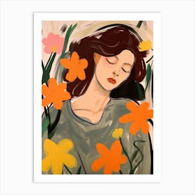 Woman With Autumnal Flowers Daffodil Art Print