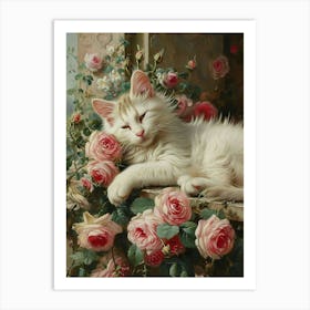 Cat Snoozing In The Flowers Rococo Painting Inspired Art Print