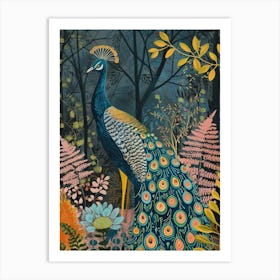 Folky Floral Peacock In The Woodlands Art Print