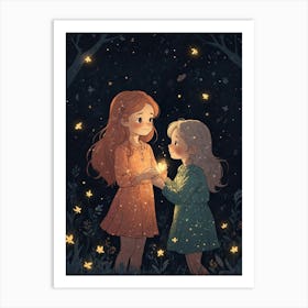 Two Little Girls Holding Fireflies Art Print