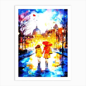 Rainy Day Friends - Two Girls Walking In The Rain Art Print