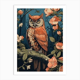 Vintage Bird Linocut Eastern Screech Owl 1 Art Print