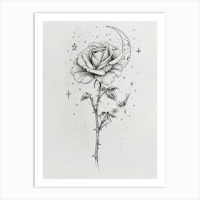English Rose Moon And Stars Line Drawing 2 Art Print