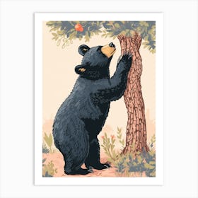 American Black Bear Scratching Its Back Against A Tree Storybook Illustration 3 Art Print