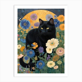 Black Cat In Flowers Art Print