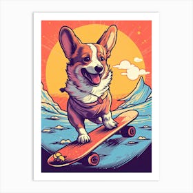 Pembroke Welsh Corgi Dog Skateboarding Illustration 1 Art Print