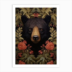 Black Bear Portrait With Rustic Flowers 1 Art Print