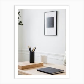 Scandinavian Minimalist Workspace Bathed In Soft Natural Light Featuring A Wooden Desk Hosting A Sl Art Print