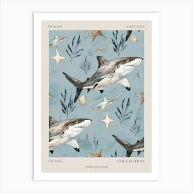 Pastel Blue Thresher Shark Watercolour Seascape Pattern 2 Poster Art Print