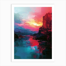 Sunset Over The Water | Pixel Art Series Art Print