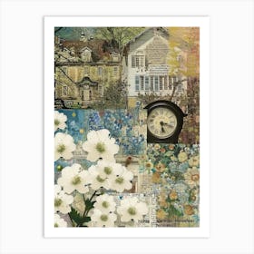 White Flowers Scrapbook Collage Cottage 1 Art Print