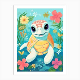 Cute Cartoon Sea Turtle And Tropical Flowers Art Print